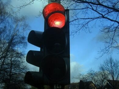 Traffic light displaying a red light, symbolising mistakes made at traffic lights.