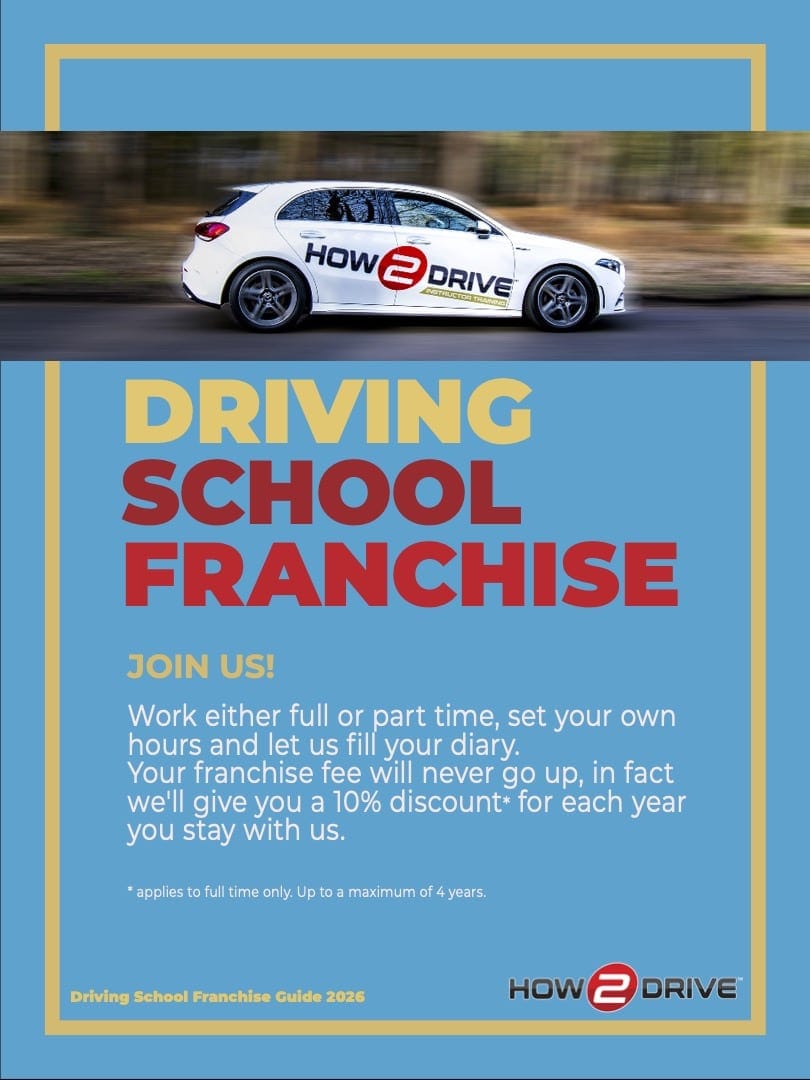 Front cover of the How-2-Drive driving school franchise brochure.
